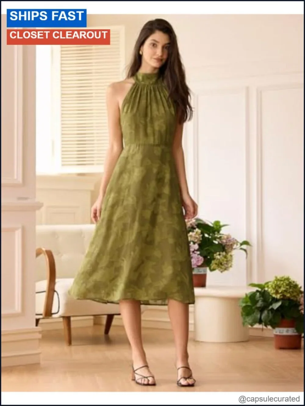 Halter Neck Sleeveless Midi Dress Floral A-Line Summer Semi Formal